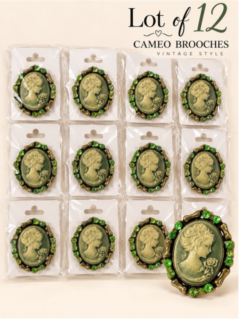 Lot of 12 Vintage Style Cameo Brooches Green Rhinestone Pins, NEW